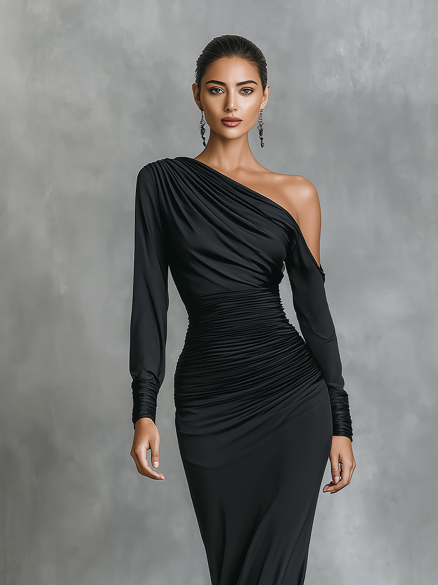 zalina – robe satin noire une épaule mermaid ruchee maxi élégante femme
