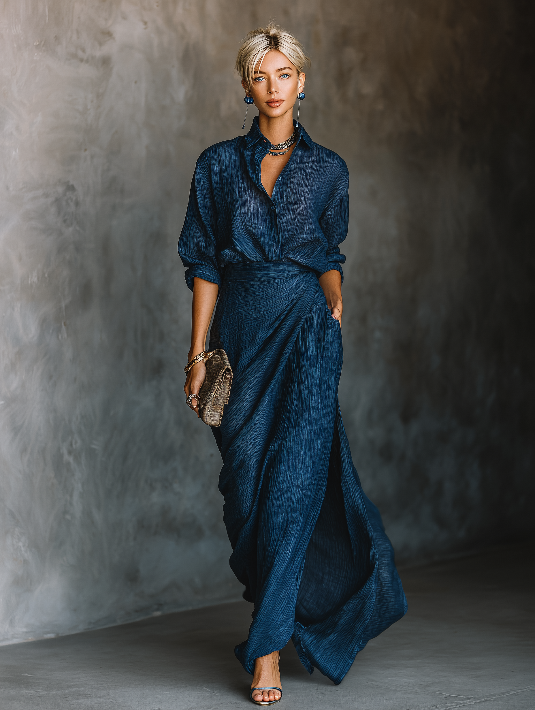 Gresya – ensemble robe maxi bleue texturée plissée avec chemise élégante