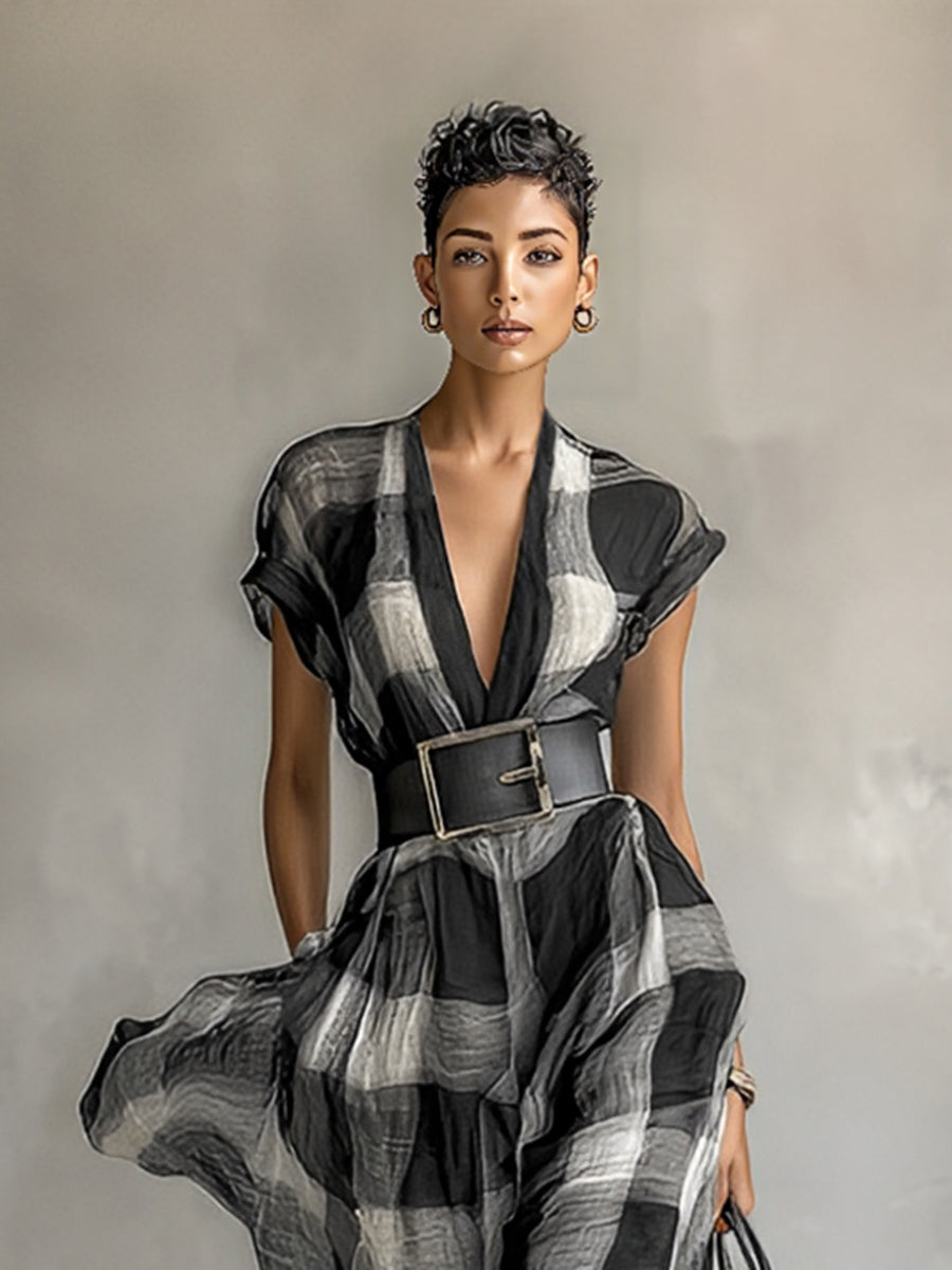 Ravea – robe maxi lin melange carreaux col V manches courte ceinturee femme