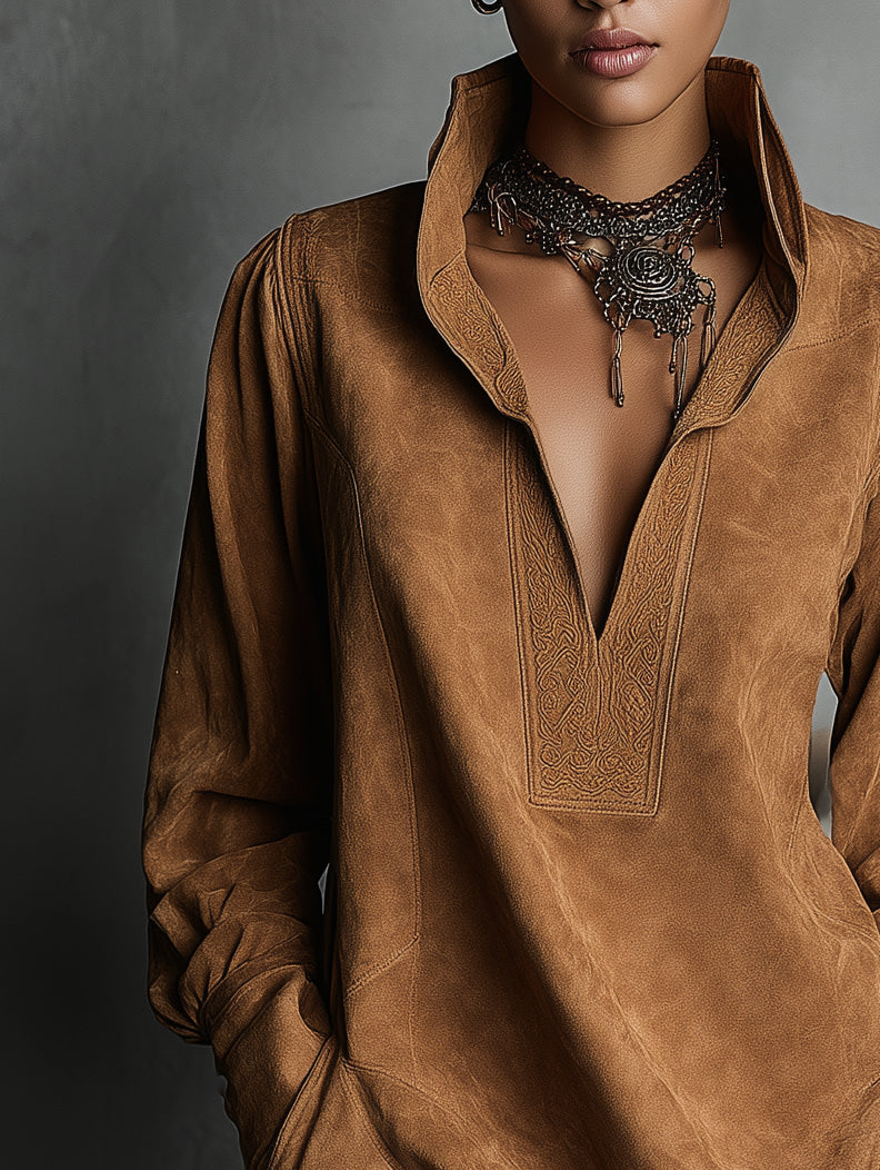 Kelora – robe suede embossee v neck manches longues style casual