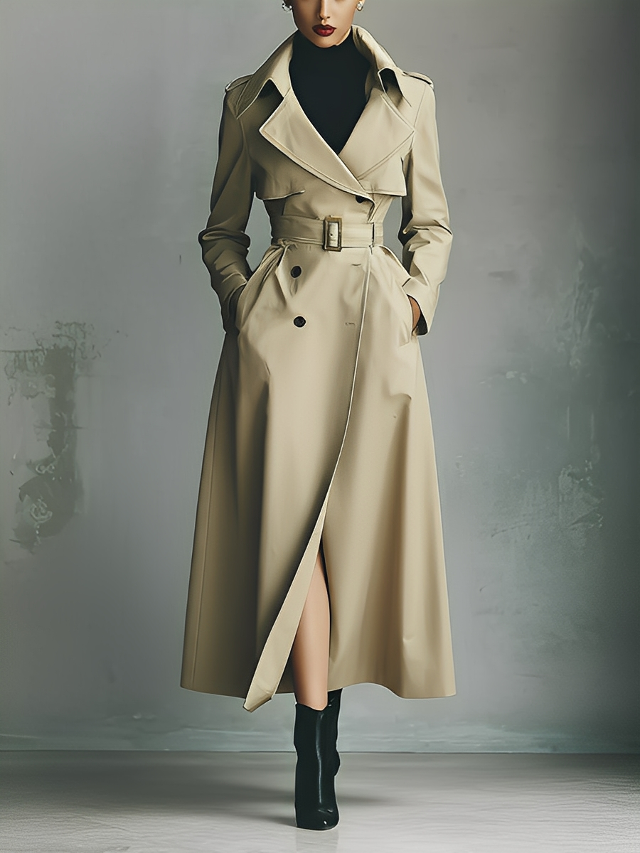 Olyne – manteau long beige femme double boutonnage ceinture trench chic