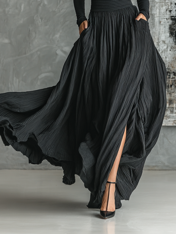 Brina – ensemble noir col roule top skinny et jupe plissée elegante femme