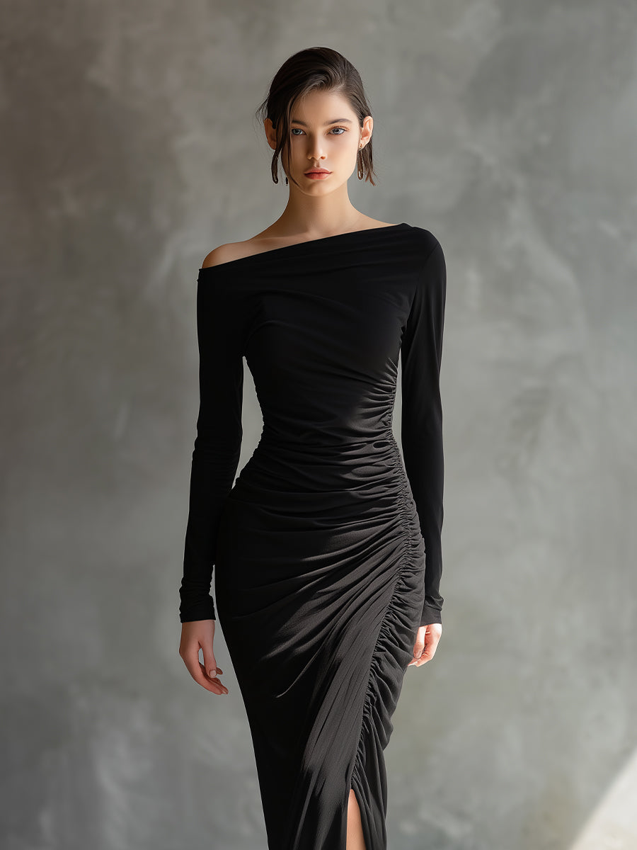 Nala – robe maxi noire jersey epaules denudees fronces fendue elegante femme