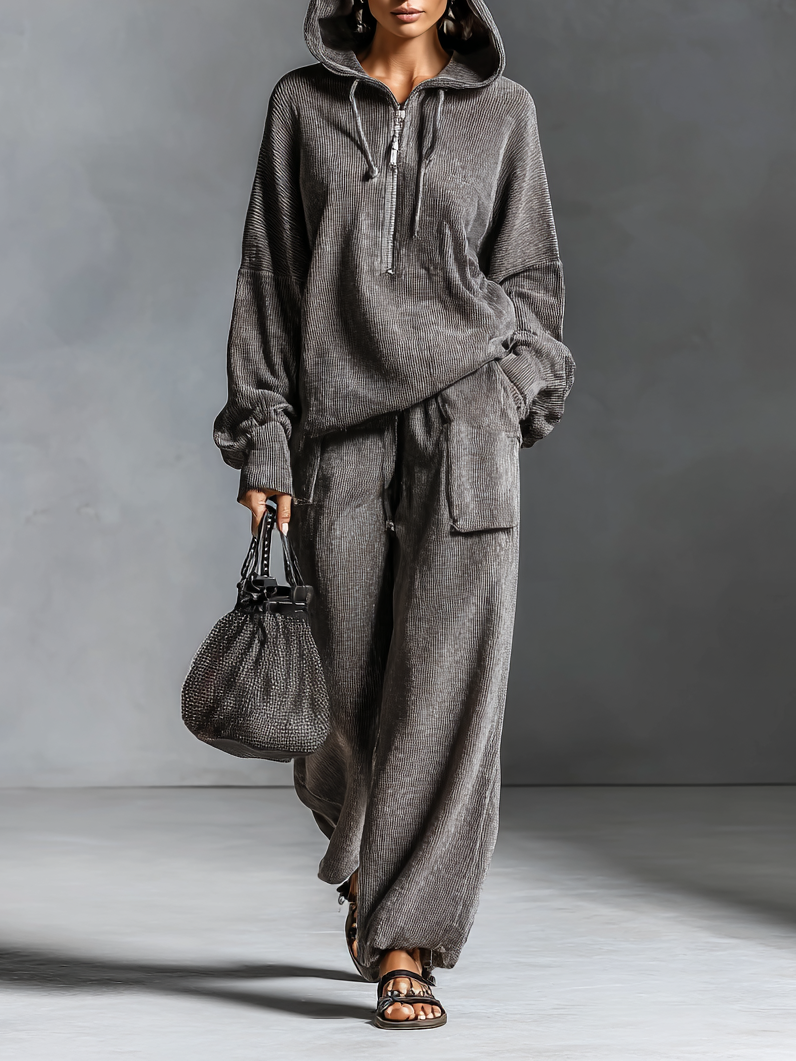 Quinza – ensemble velours cotele hoodie et pantalon droit femme