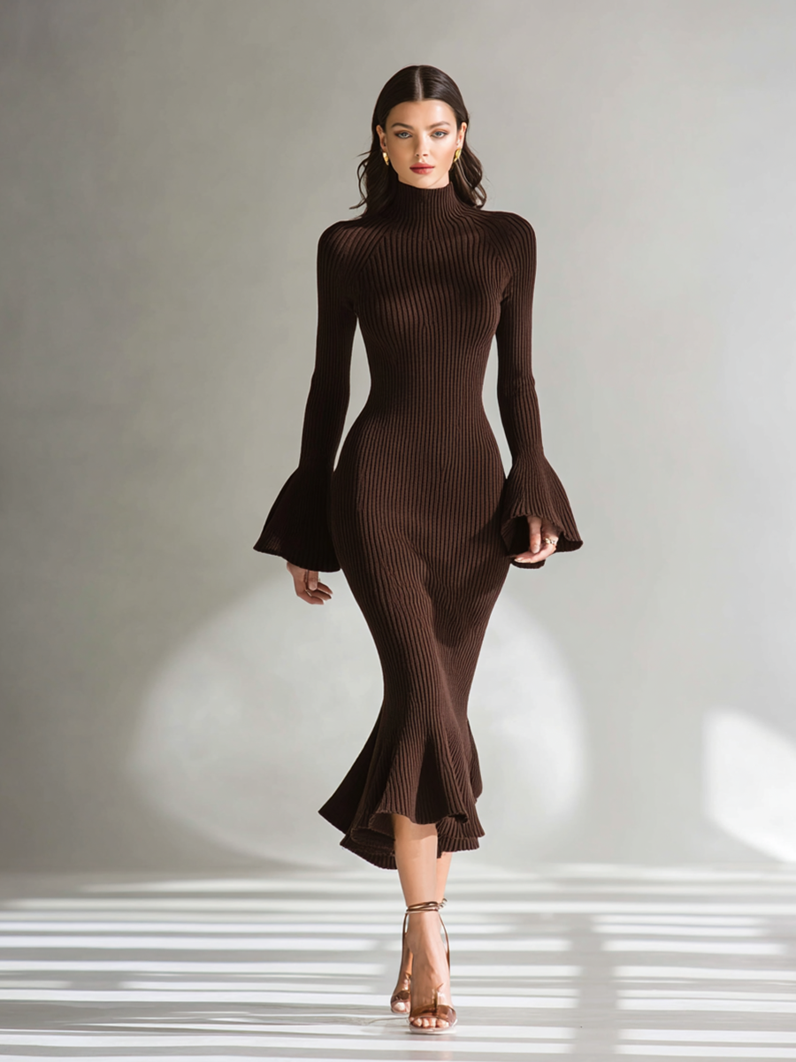 Mariva – robe maxi marron côtelée, coupe évasée et col montant chic
