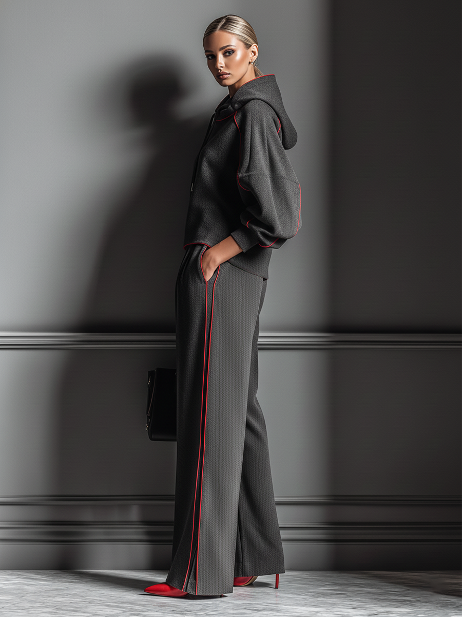 solaryn – ensemble sweat à capuche bord rouge & pantalon droit, maille air layer, femme