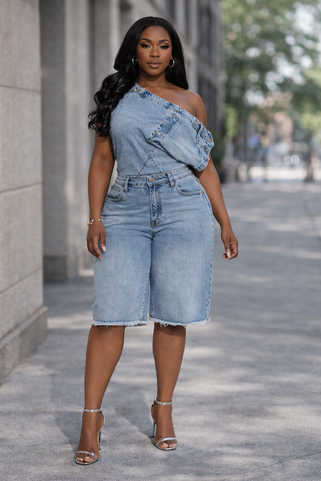 Nolia – combinaison denim femme épaules dénudées streetwear