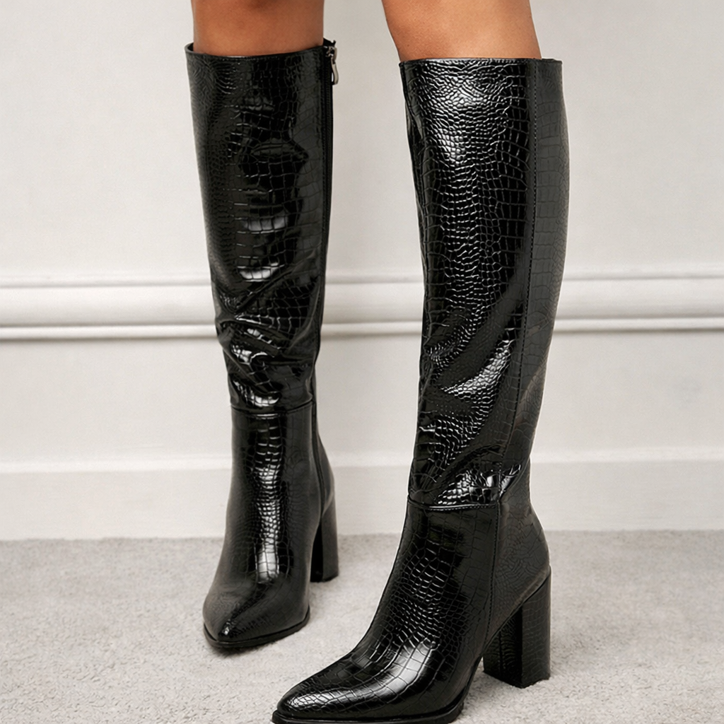 Dahlia – bottes hautes femme à talon épais effet crocodile