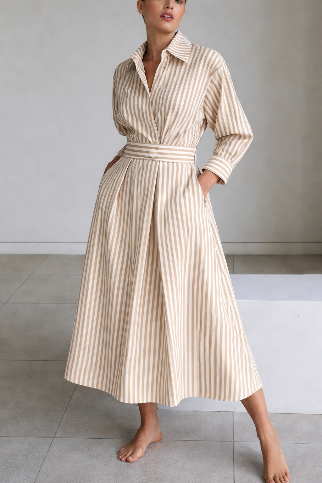 Camélia – robe chemise femme rayée élégante manches longues