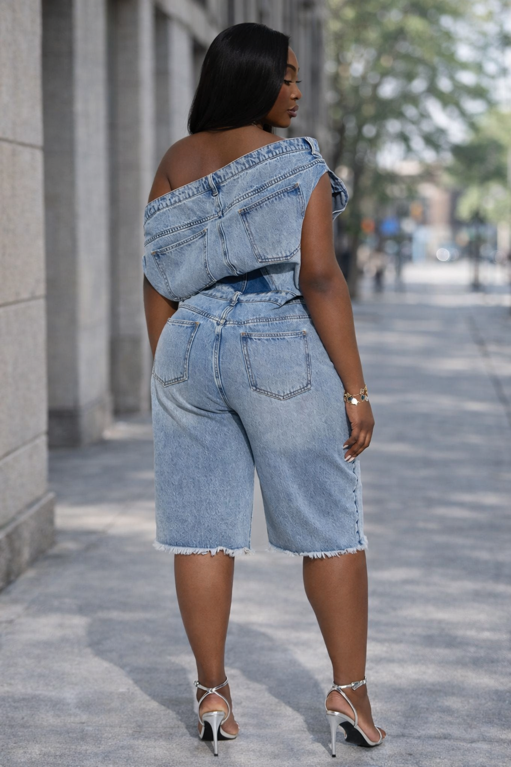 Nolia – combinaison denim femme épaules dénudées streetwear