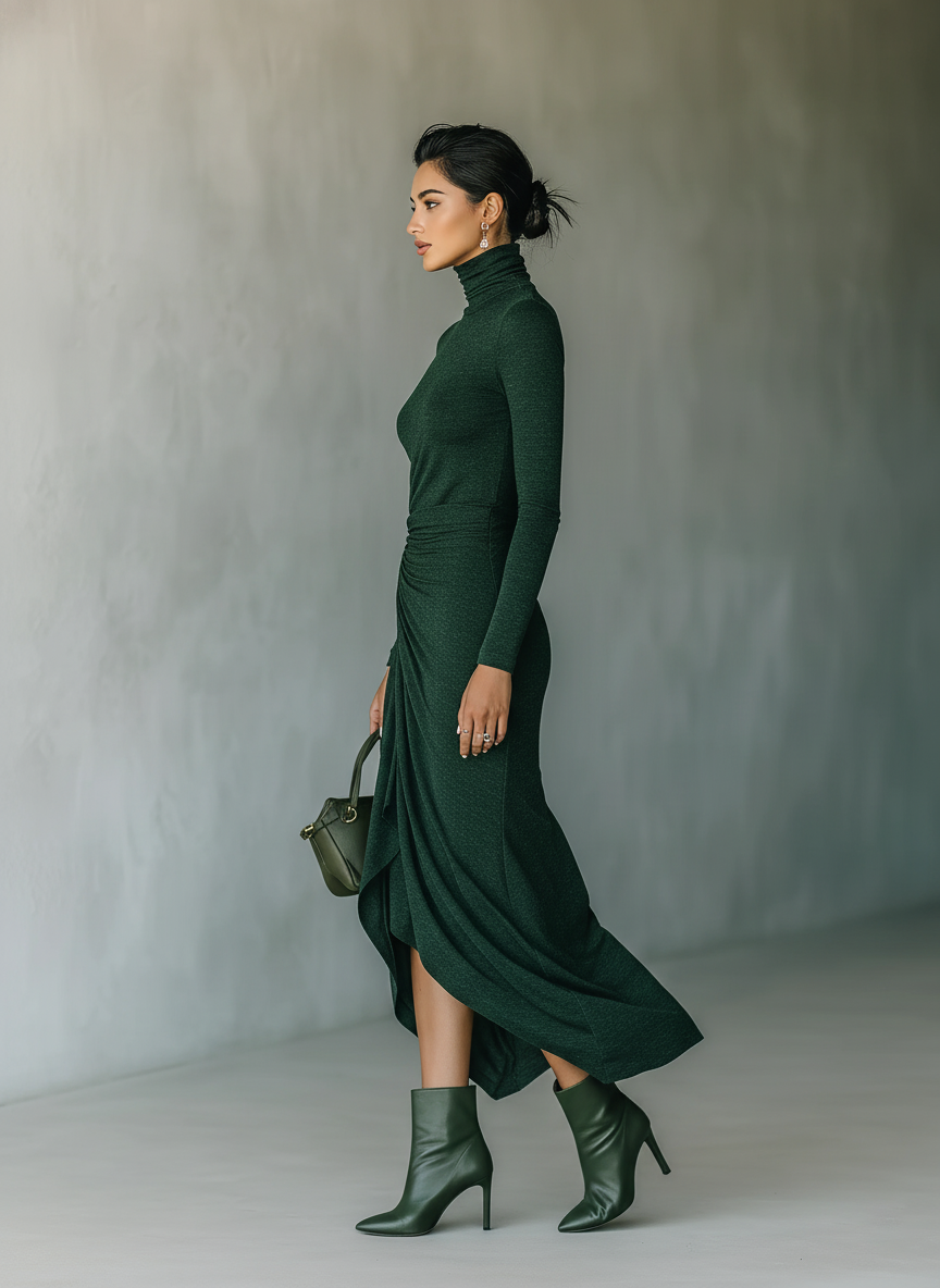 raviona – robe midi cache-cœur en maille, col montant, drapée, élégante femme