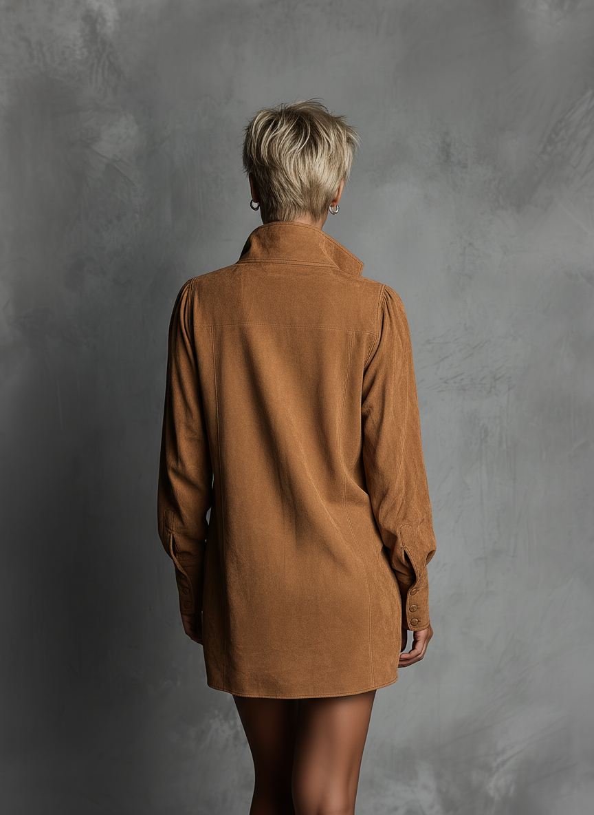 Kelora – robe suede embossee v neck manches longues style casual