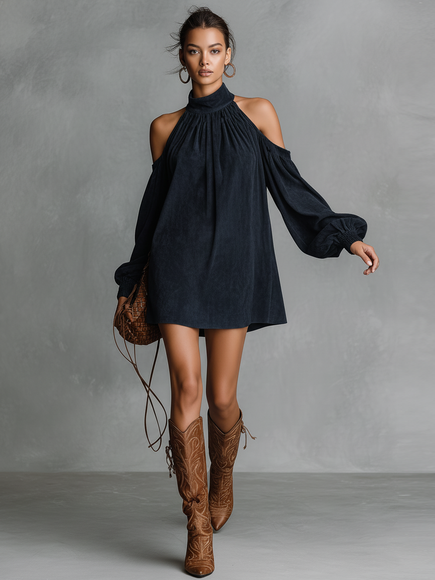 Alyah – robe mini en faux suède à col semi-montant halter et manches lanterne