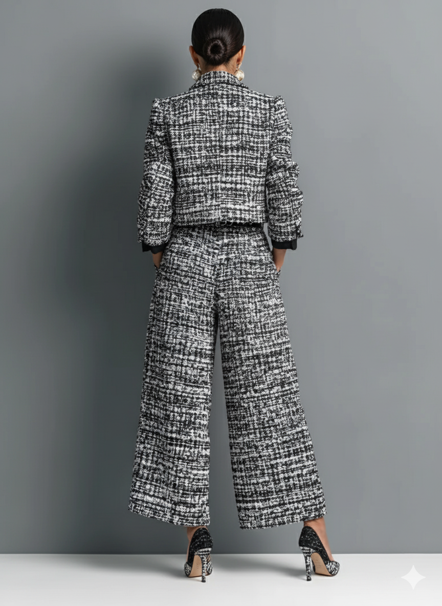 Fayden – ensemble tweed cropped jacket boutonnée et pantalon wide leg chic