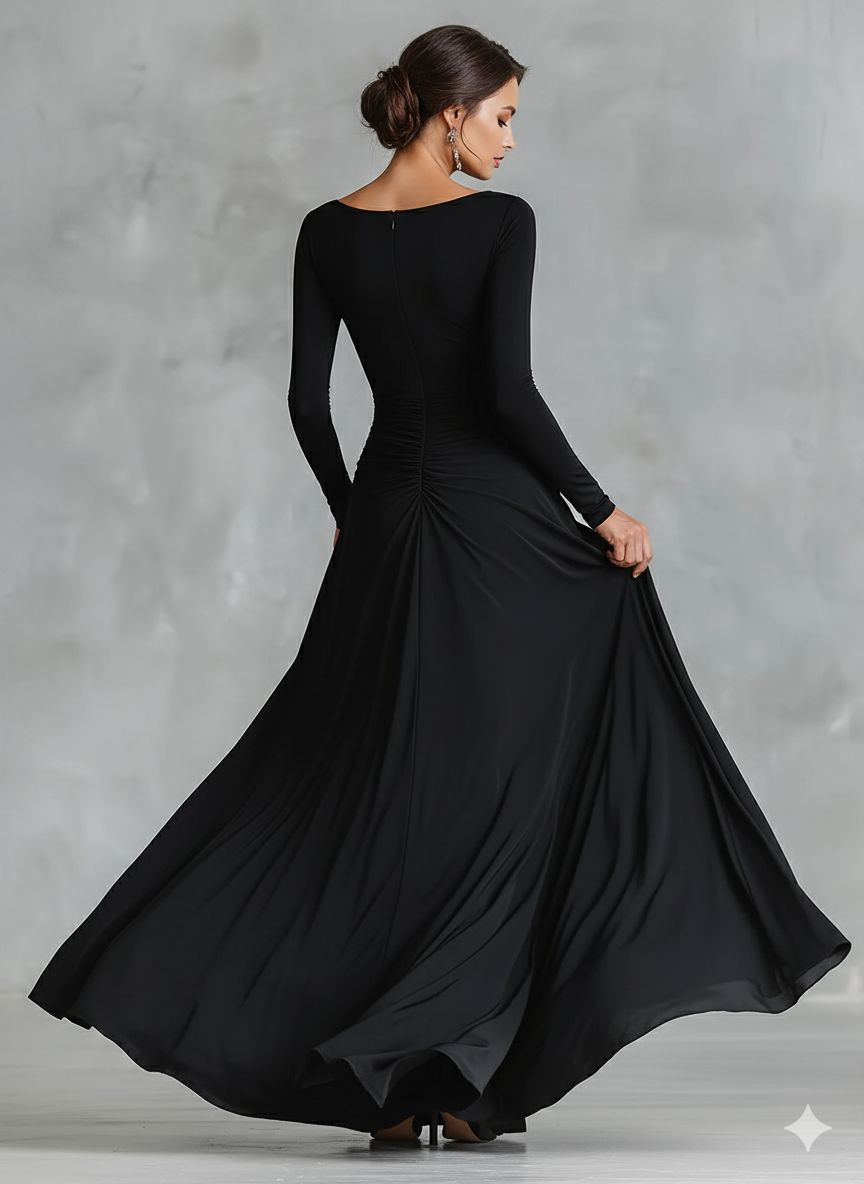 xelira – robe maxi noire moderne en crêpe à encolure bateau et fronces femme