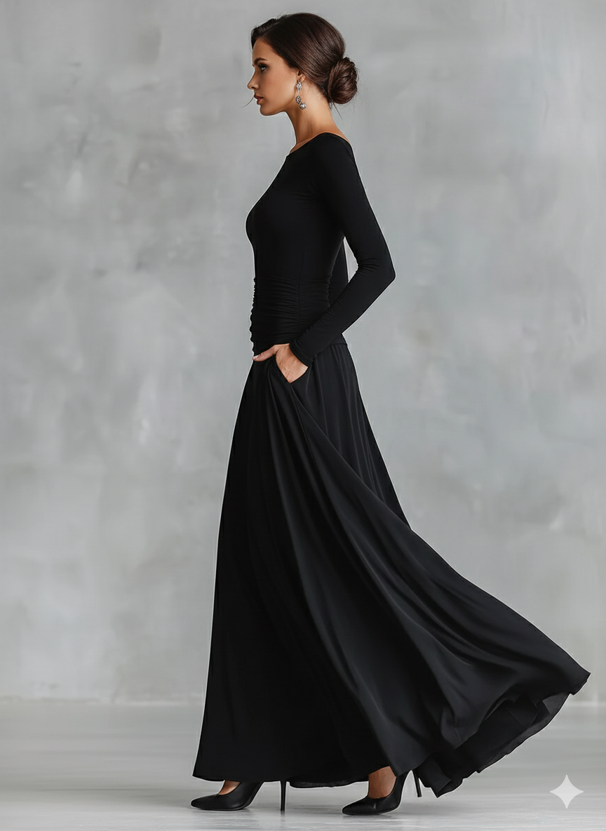 xelira – robe maxi noire moderne en crêpe à encolure bateau et fronces femme