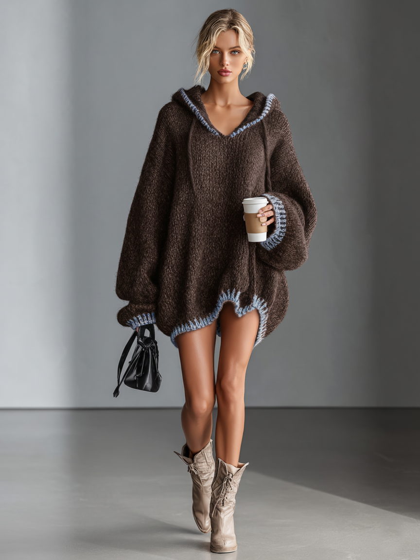 cyria – robe mini maille capuche loose bordures roses casual femme