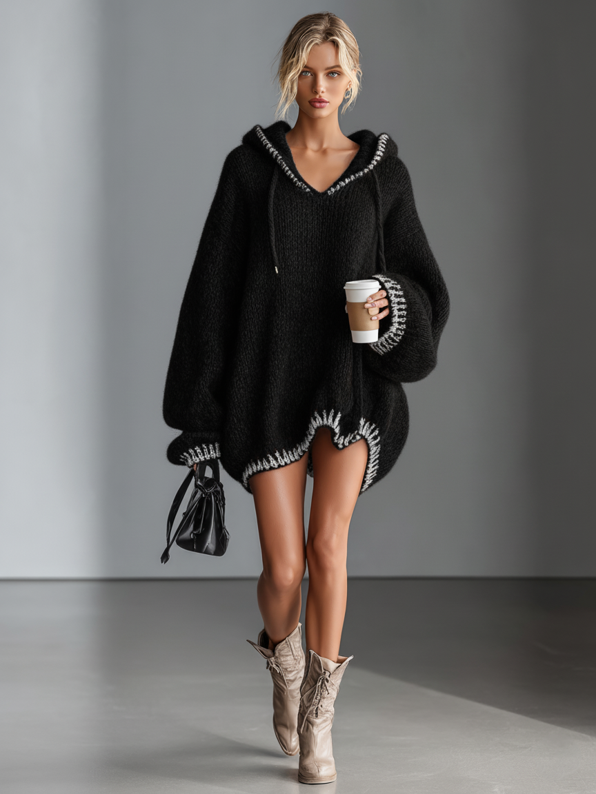 cyria – robe mini maille capuche loose bordures roses casual femme