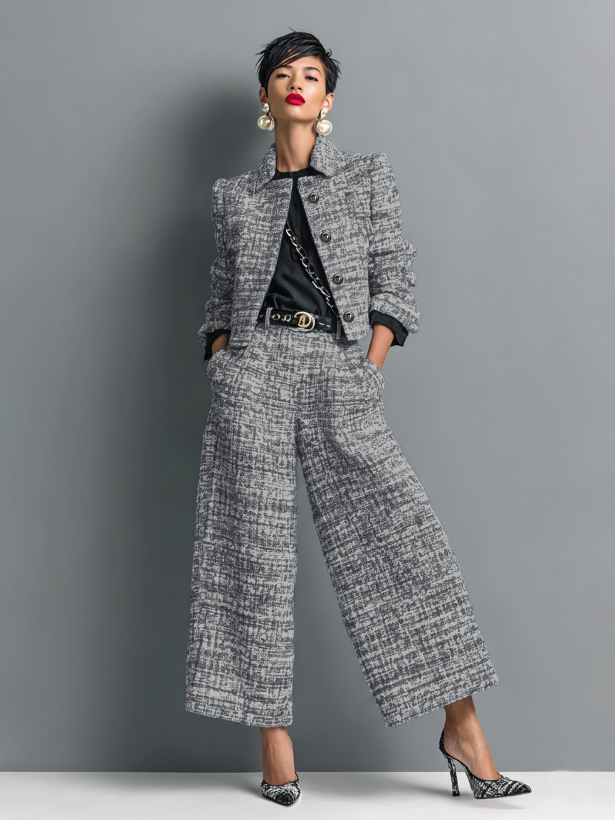 Fayden – ensemble tweed cropped jacket boutonnée et pantalon wide leg chic