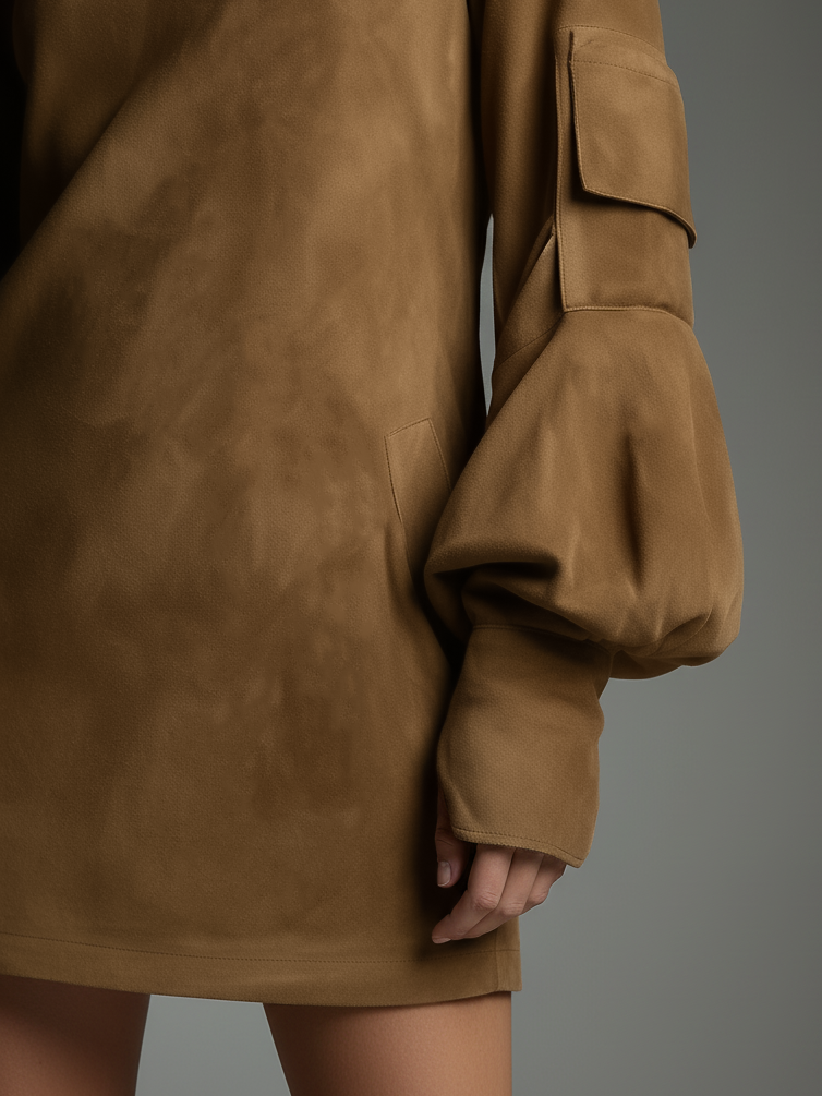 Feyora – robe mini suede vintage col roulé coupe loose confortable