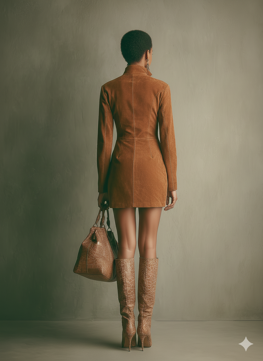 Kavise – robe mini faux suede caramel col montant zip coupe taillee