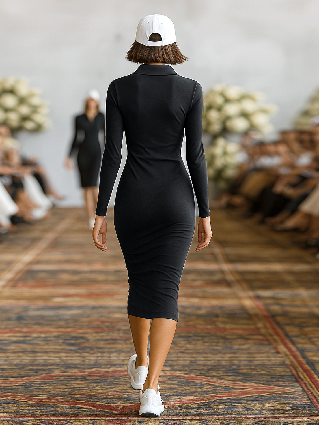 Rynel – robe midi sportive coton melange zip col a revers coupe skinny femme