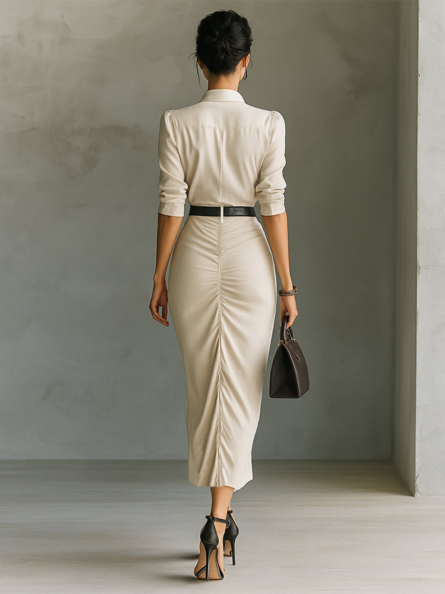 Raven – robe maxi unie col à revers boutonnage ceinture manches mi-longues femme