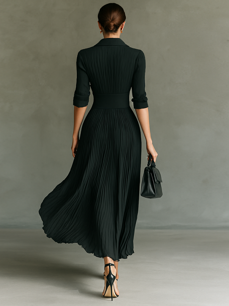 Sarvely – robe maxi unie plissée col revers taille cintrée élégante