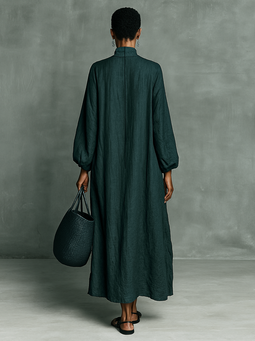 Ysola – robe maxi coton lin ample col semi-montant broderies epaules femme