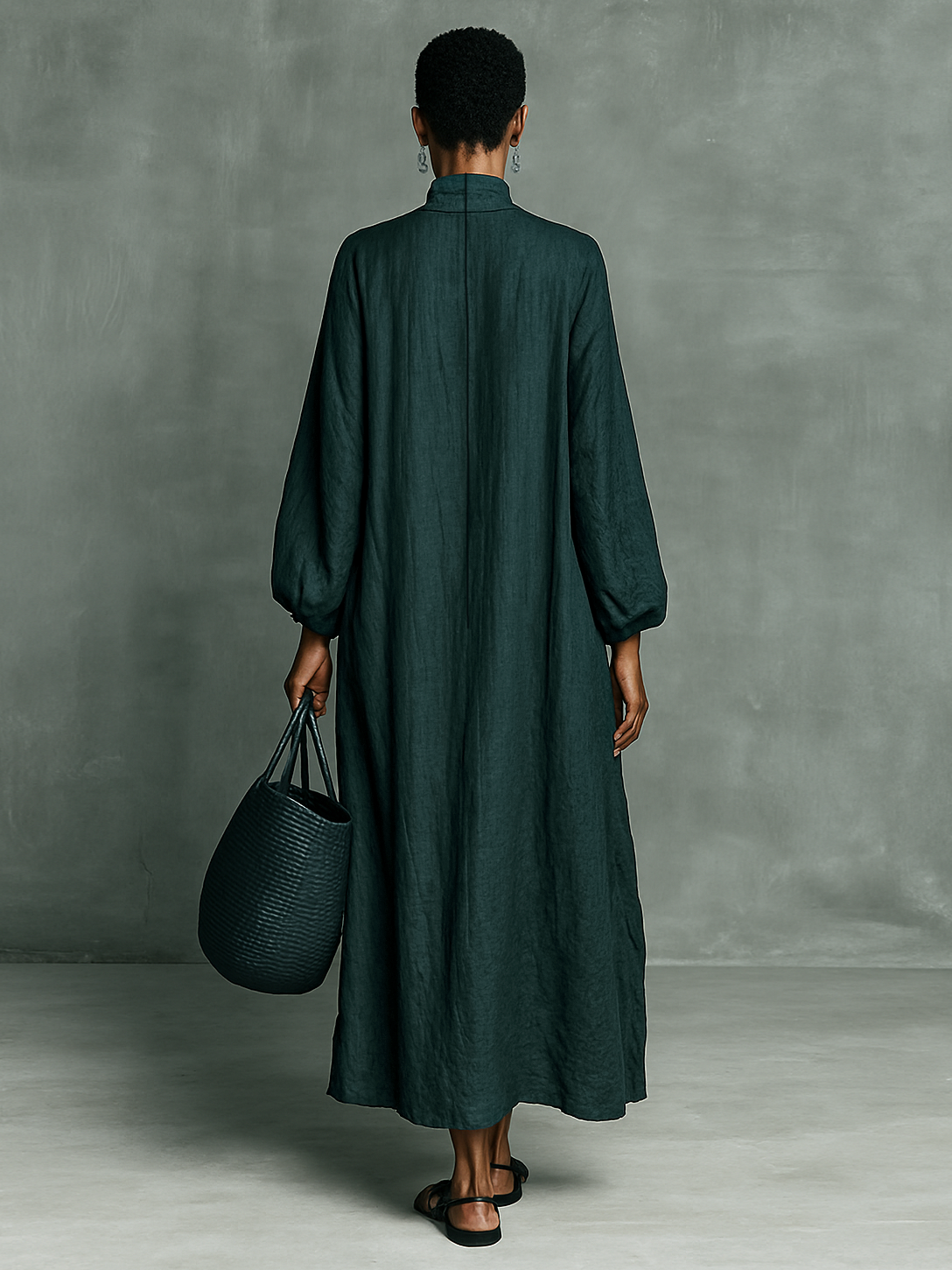 Ysola – robe maxi coton lin ample col semi-montant broderies epaules femme