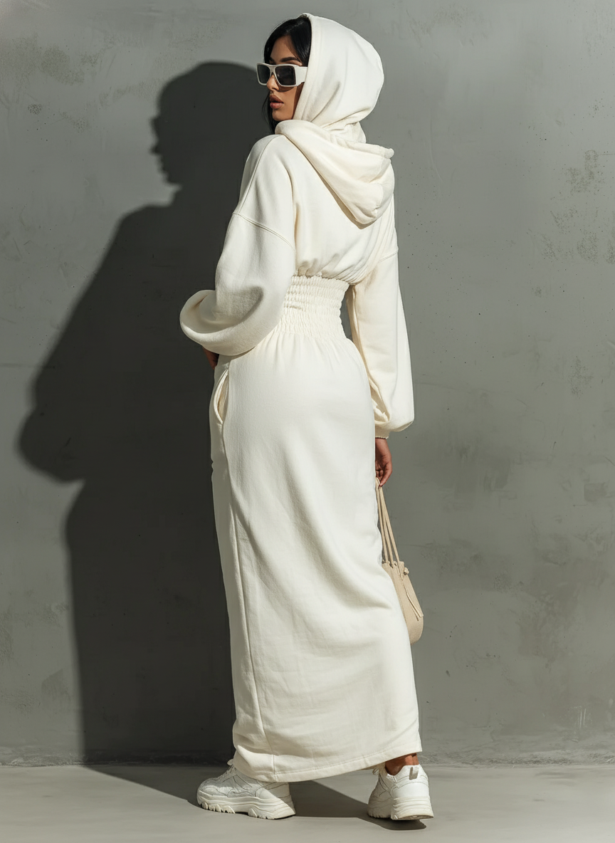 Melya – Robe sweat longue femme à capuche minimaliste