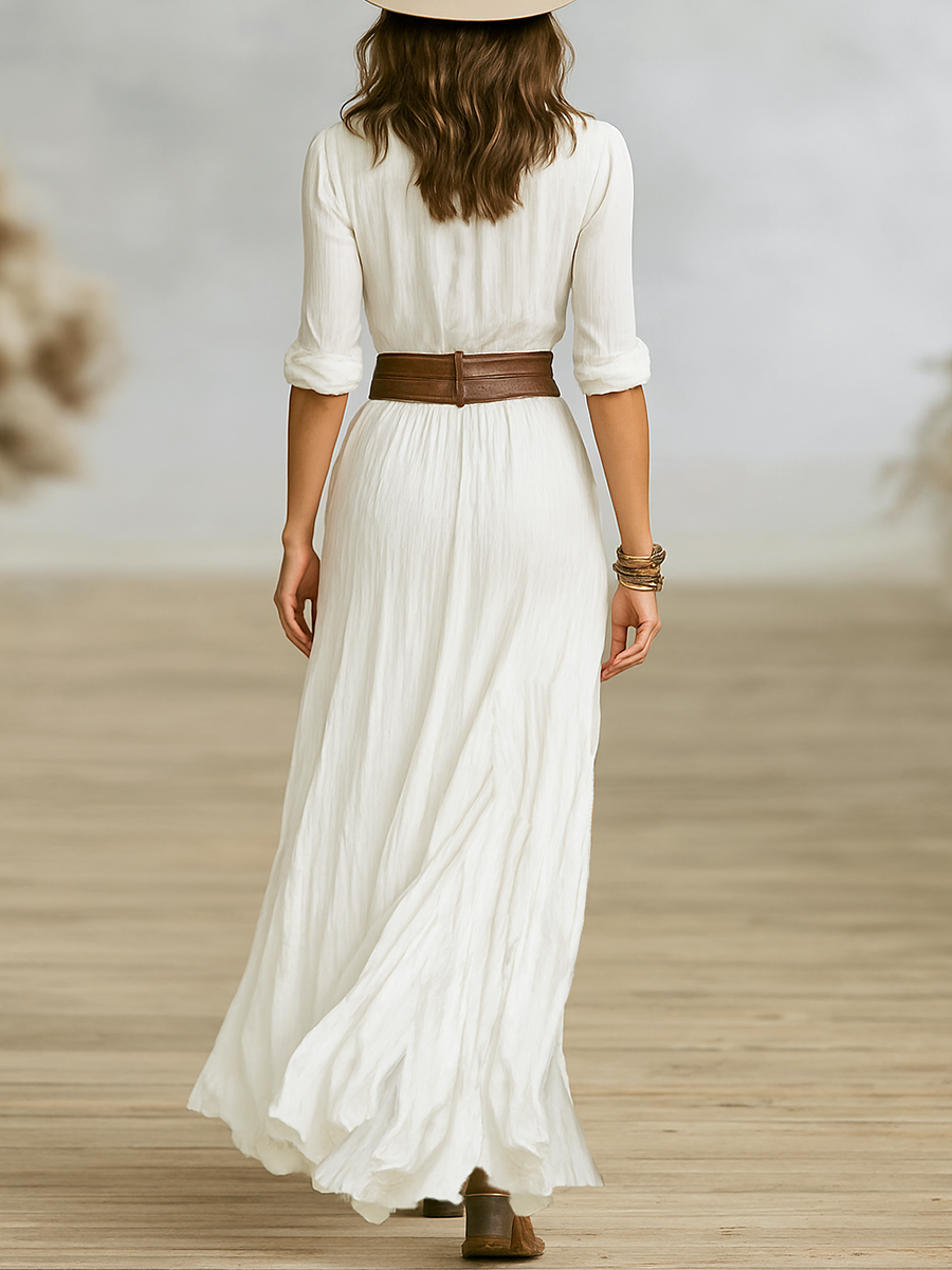 Savine – robe maxi imitation coton lin plissée col revers boutonnage élégant