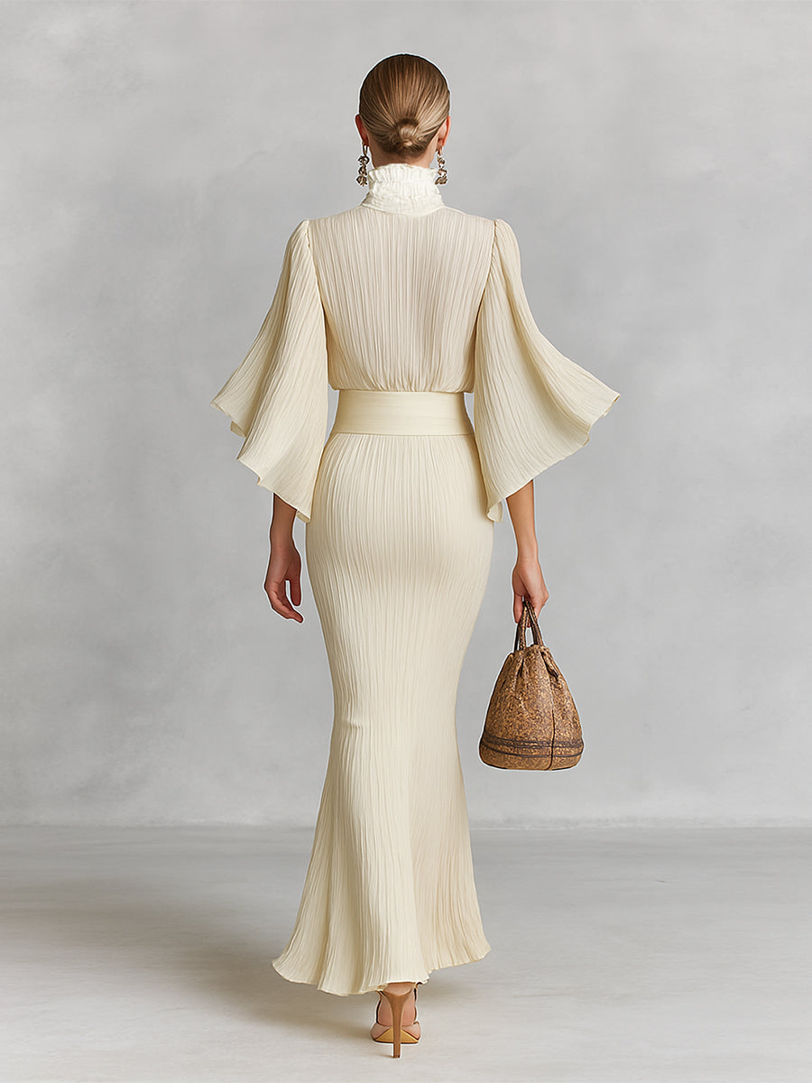 Xilva – ensemble chiffon plissé col montant manches evasees jupe longue fendue femme