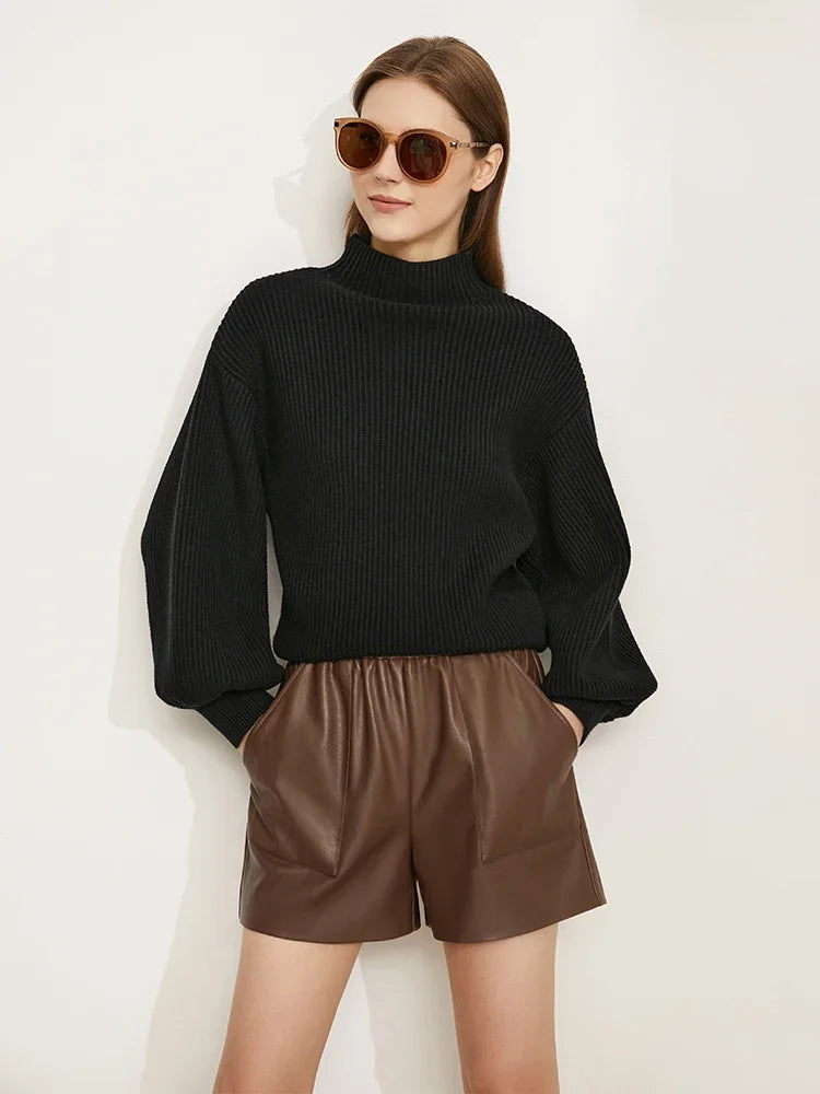 Celeste – pull femme col montant manches lanterne minimaliste