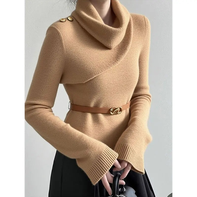 Aida – Pull asymétrique femme à col roulé élégant en maille