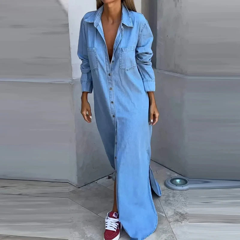 Amanda – Robe chemise maxi femme en JEANS ample manches longues