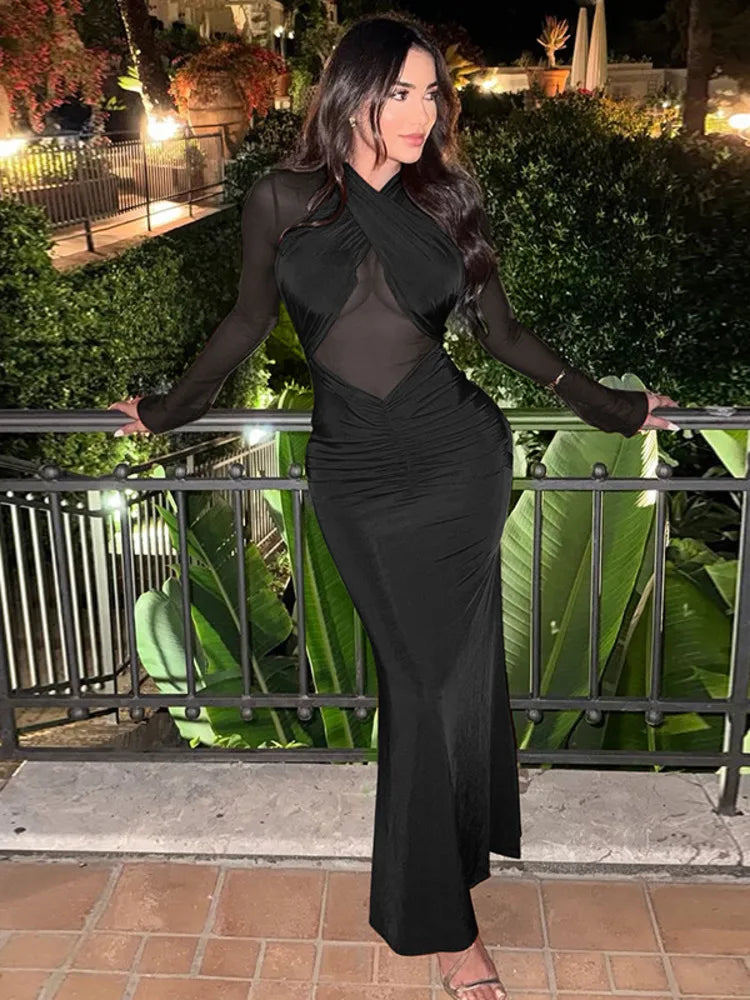 Nerisa – robe longue femme en maille ajourée plissée élégante