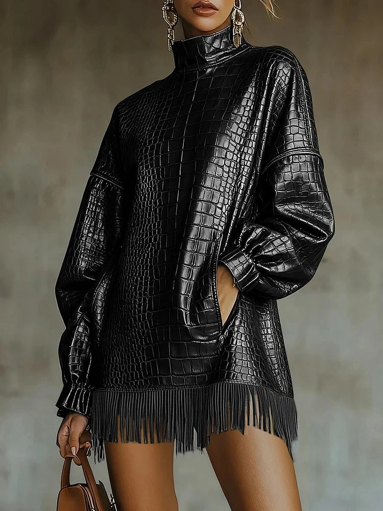 Célia – mini robe femme en simili cuir crocodile col roulé