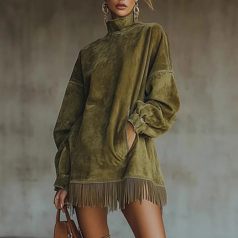 Paloma – robe sweat femme effet daim franges vintage hiver