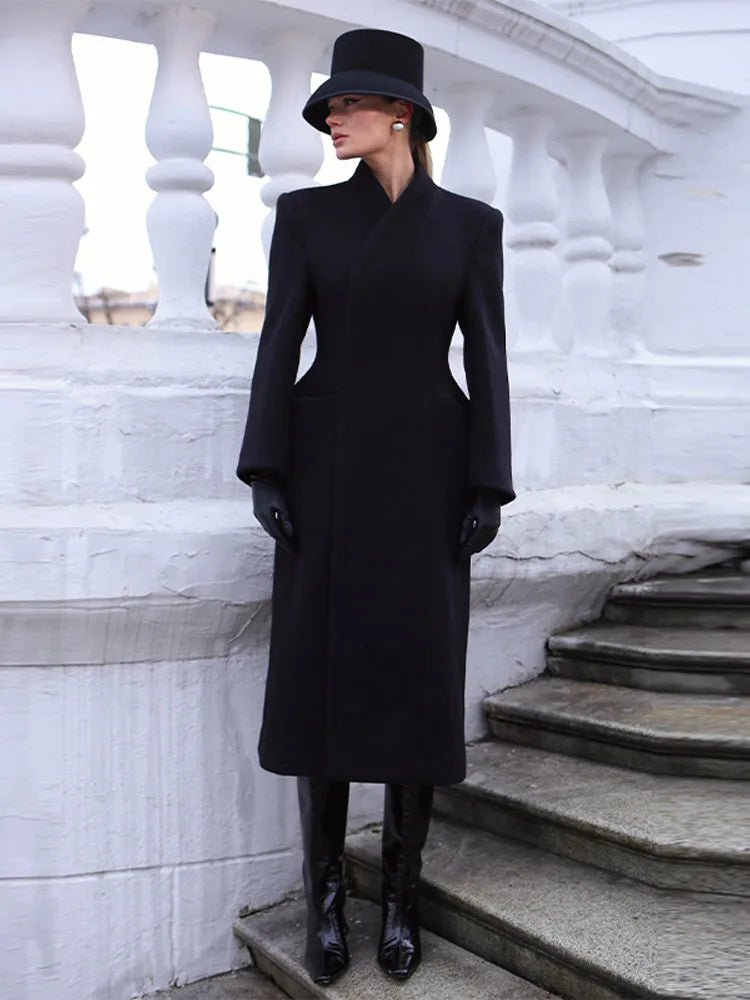 Imany – manteau long noir femme élégant à col incliné