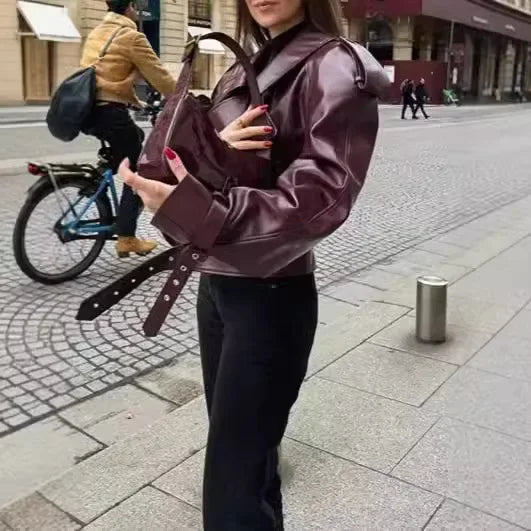 Ravena – veste de motard femme en cuir rouge style rétro