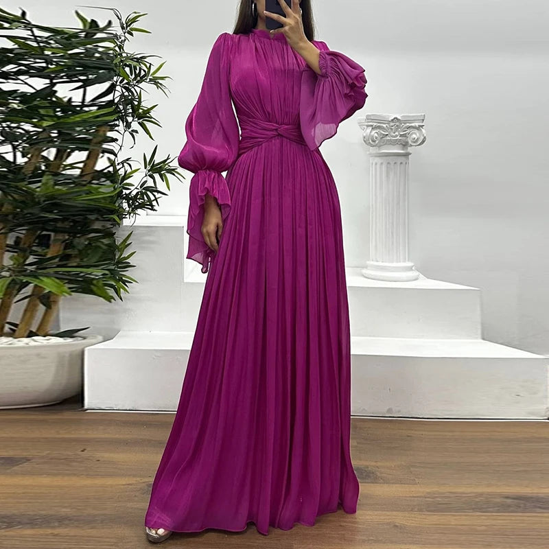 Mandy – robe longue de soirée fluide femme col montant élégante