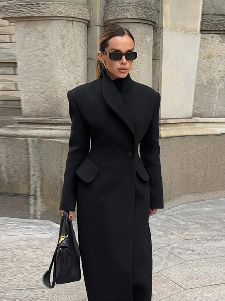 Shirley – manteau long en laine noir femme col montant chic