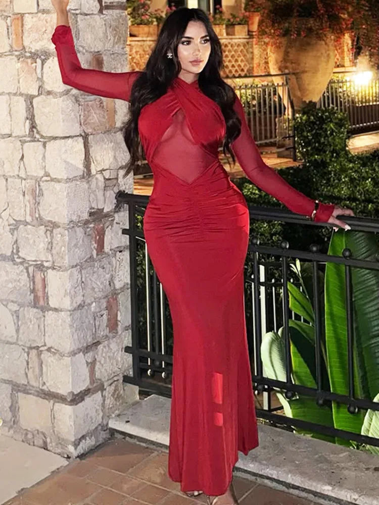 Nerisa – robe longue femme en maille ajourée plissée élégante