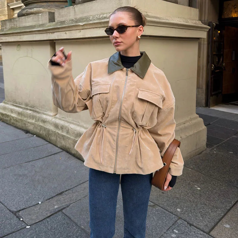 Célène – veste patchwork femme à cordon de serrage chic