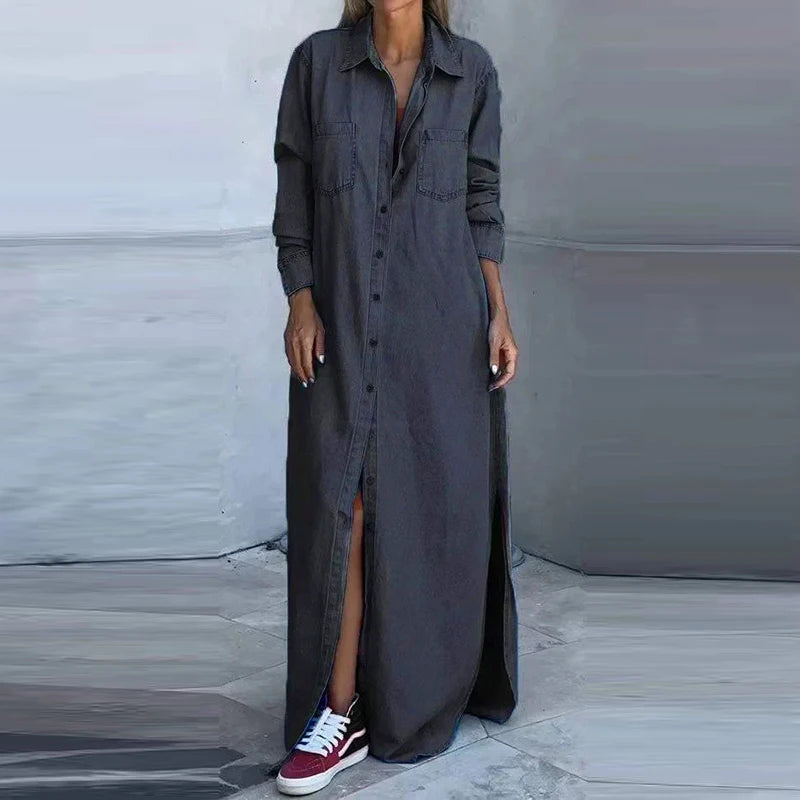 Amanda – Robe chemise maxi femme en JEANS ample manches longues