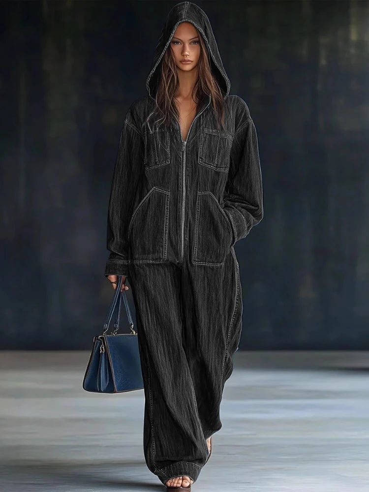 Isalia – combinaison denim femme ample streetwear manches longues