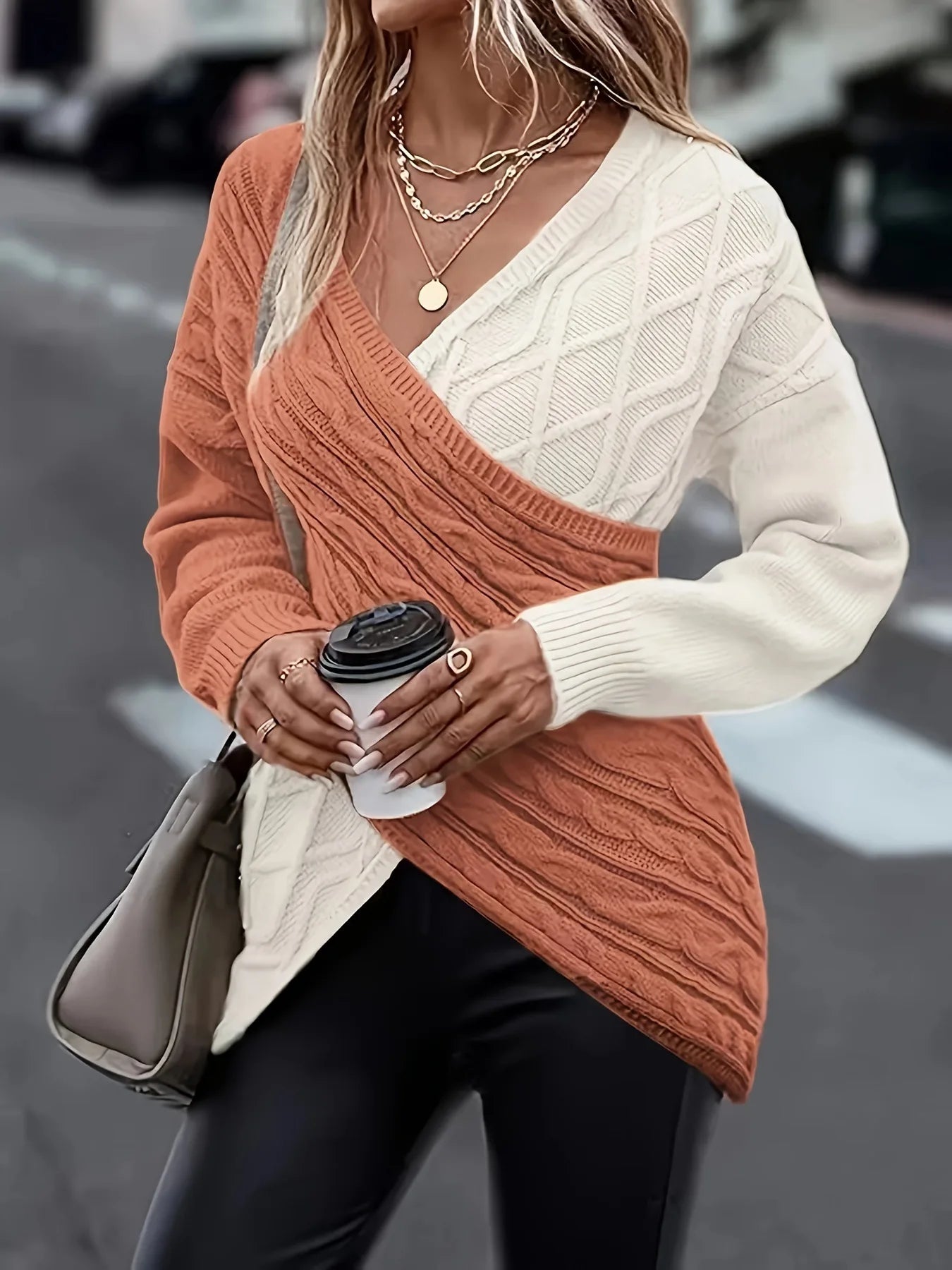 Anna – pull femme tricot torsadé bicolore manches longues