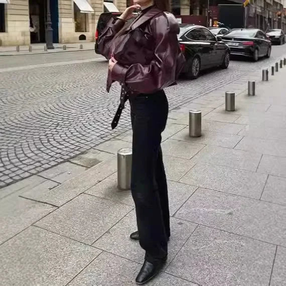 Ravena – veste de motard femme en cuir rouge style rétro