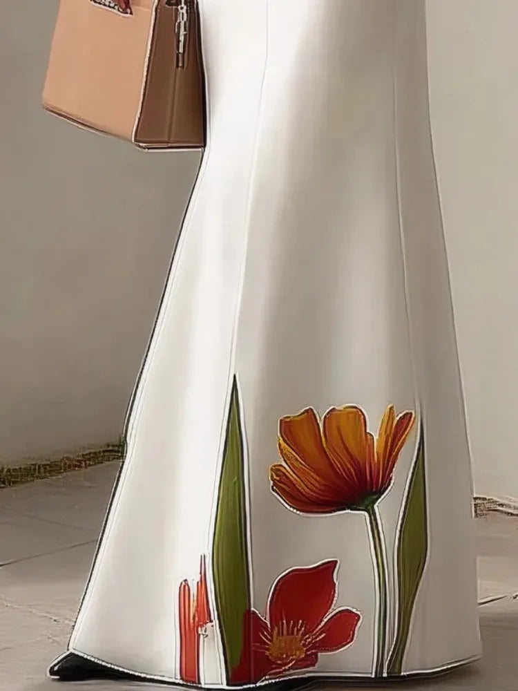 Floria – jupe longue sirène blanche imprimée fleur femme